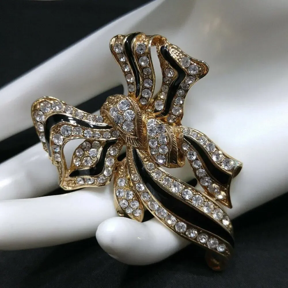 Vintage Black Enamel Bow Brooch, Clear Rhinestone Ribbons, Gold Tone